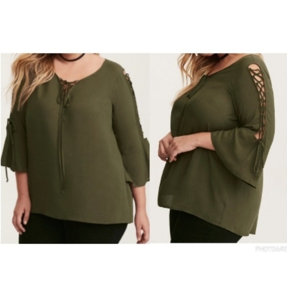 torrid Tops - Torrid | Olive lace up sleeve challis blouse